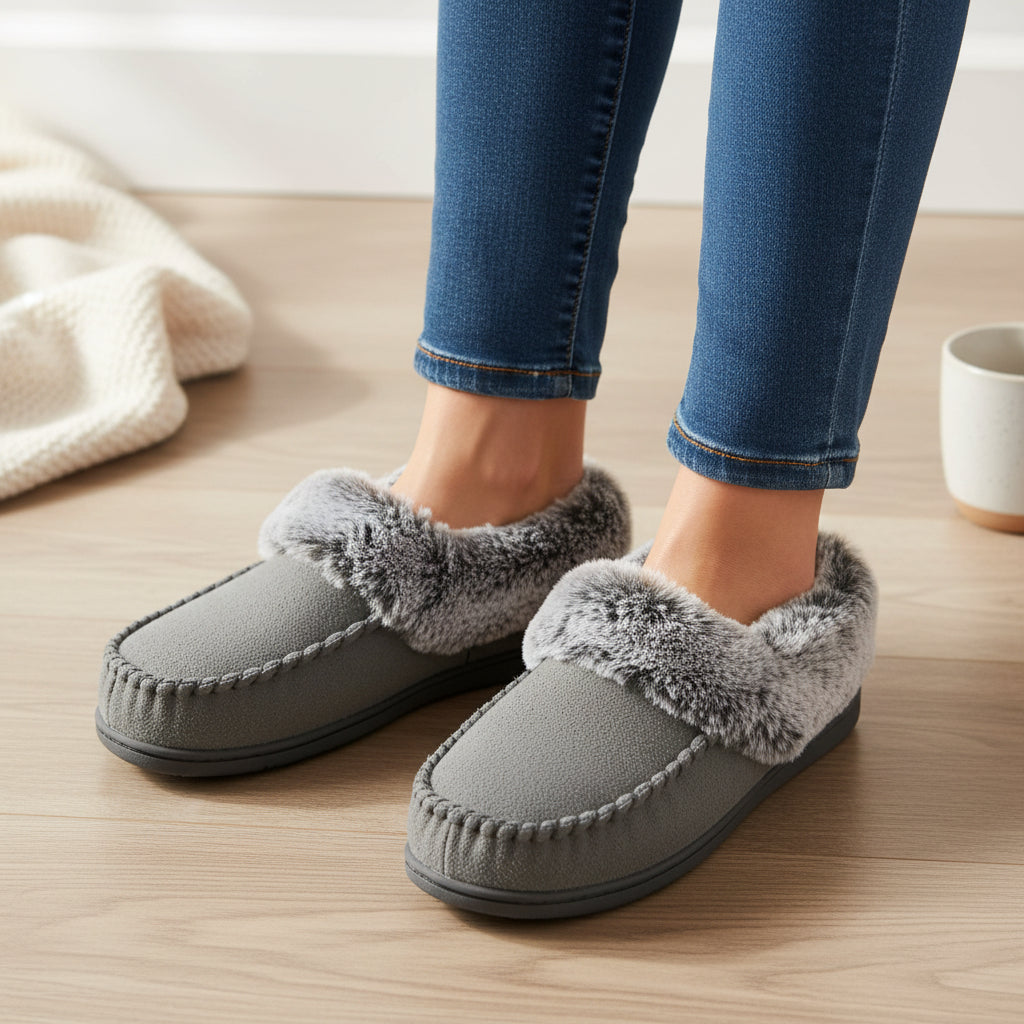 Moccasin slippers with a faux fur collar and a non-slip rubber sole