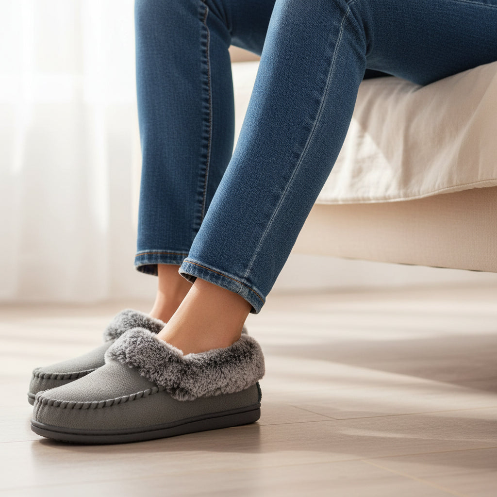Moccasin slippers with a faux fur collar and a non-slip rubber sole