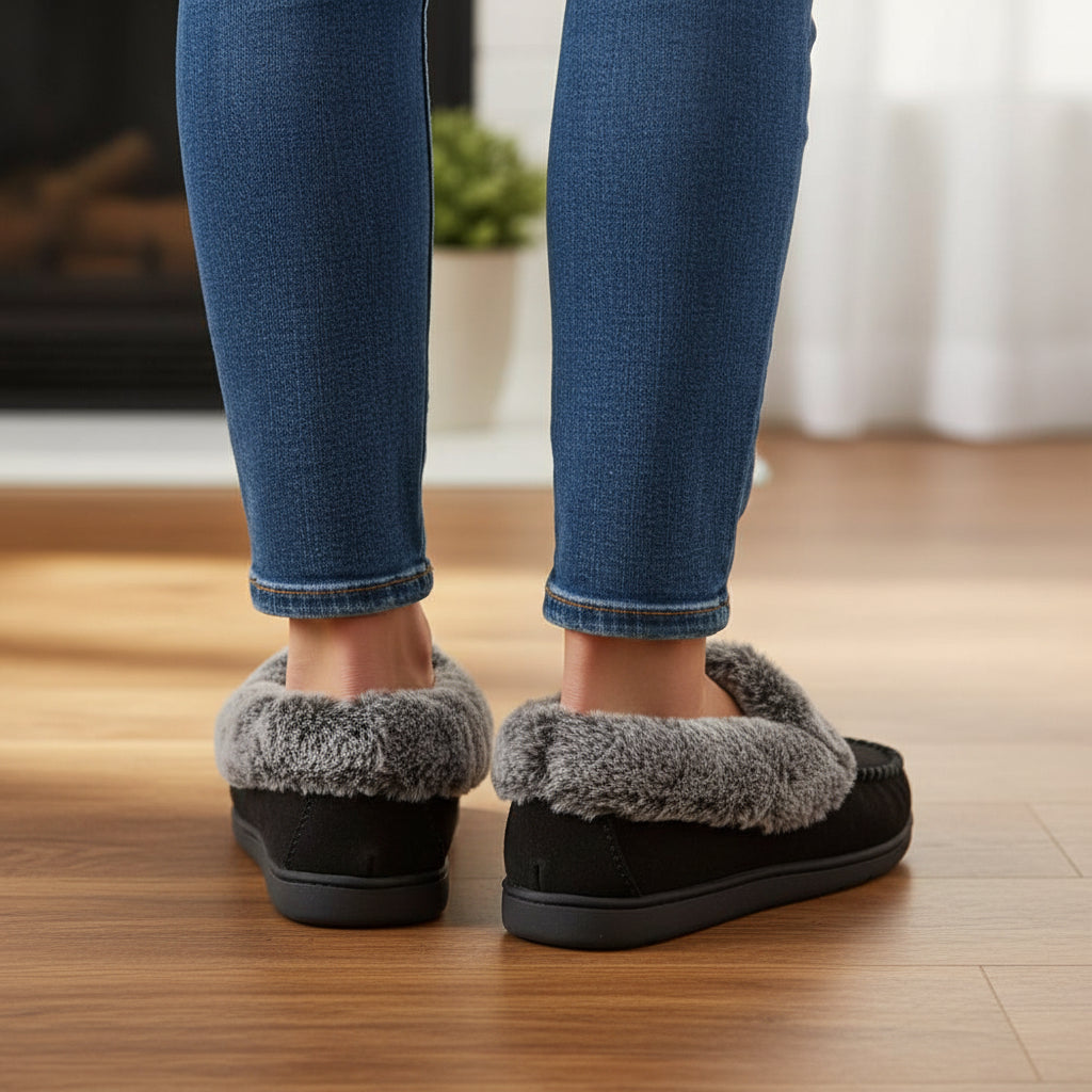 Moccasin slippers with a faux fur collar and a non-slip rubber sole