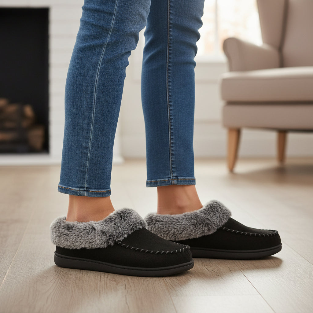 Moccasin slippers with a faux fur collar and a non-slip rubber sole