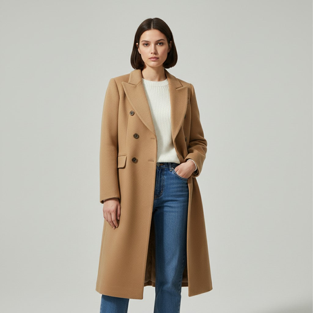 Long wool-blend coat with a notch lapel and a self-tie belt in camel