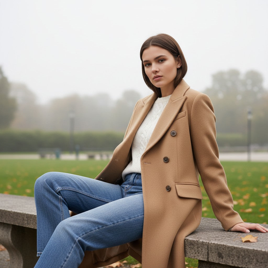 Long wool-blend coat with a notch lapel and a self-tie belt