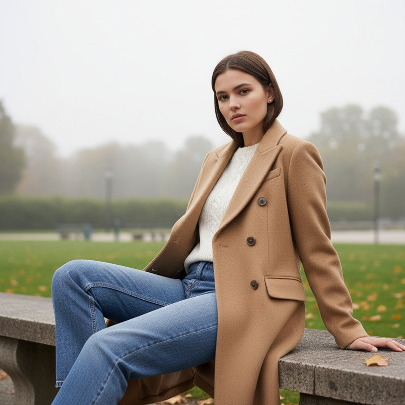 Long wool-blend coat with a notch lapel and a self-tie belt