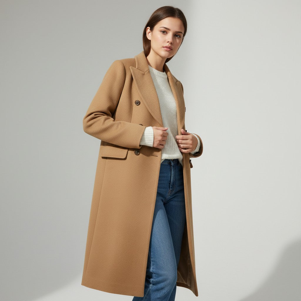 Long wool-blend coat with a notch lapel and a self-tie belt