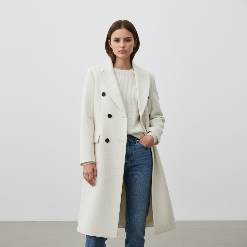 Long wool-blend coat with a notch lapel and a self-tie belt in ivory