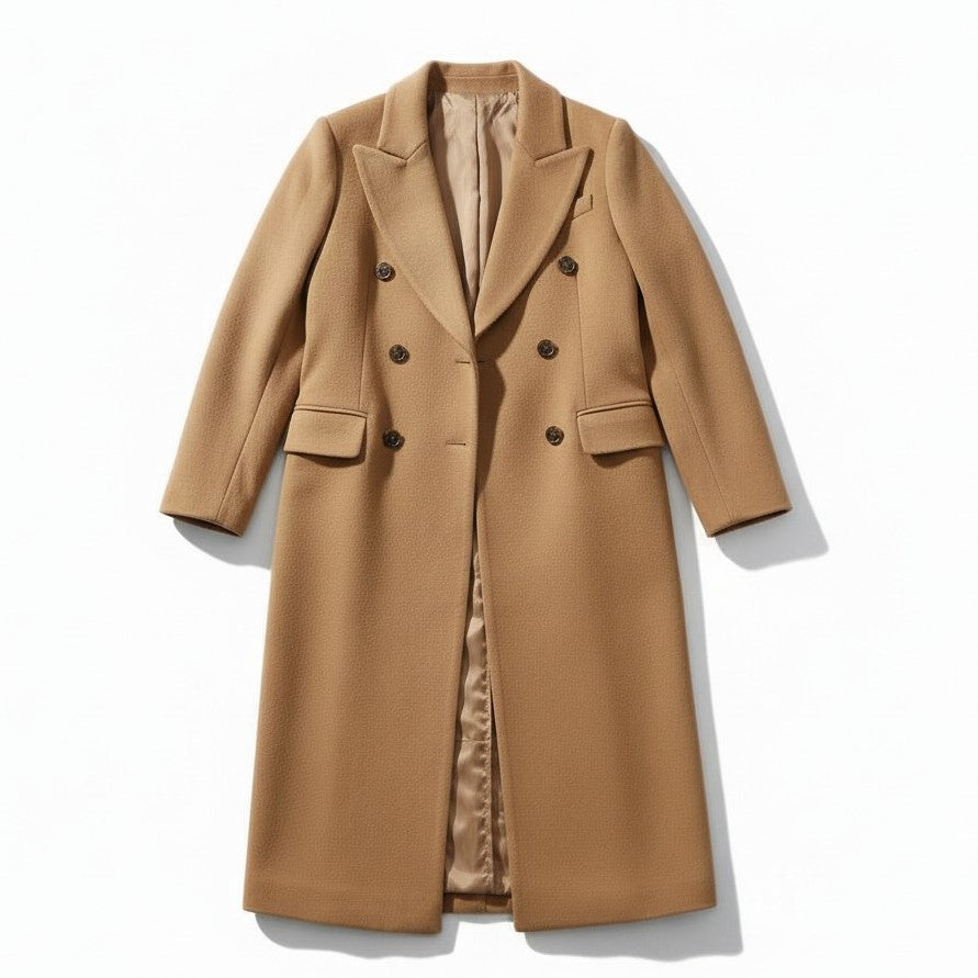 Long wool-blend coat with a notch lapel and a self-tie belt