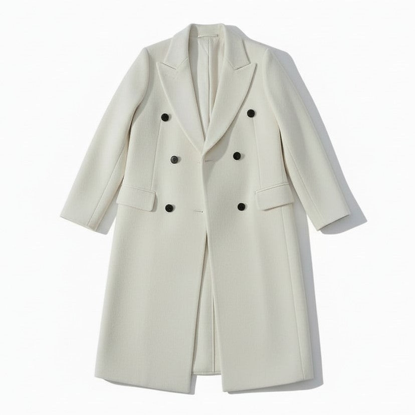 Long wool-blend coat with a notch lapel and a self-tie belt