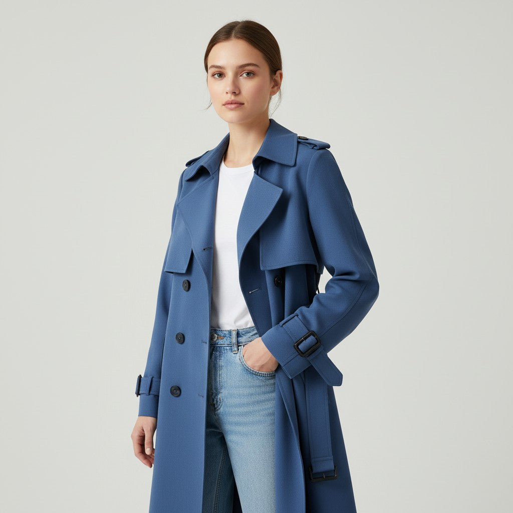 Mid-length trench coat with a wide lapel and a tie belt in blue