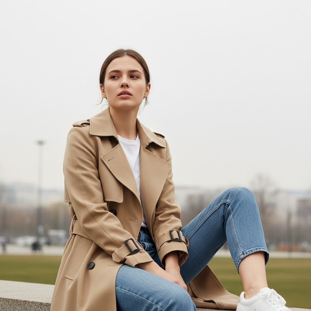 Mid-length trench coat with a wide lapel and a tie belt