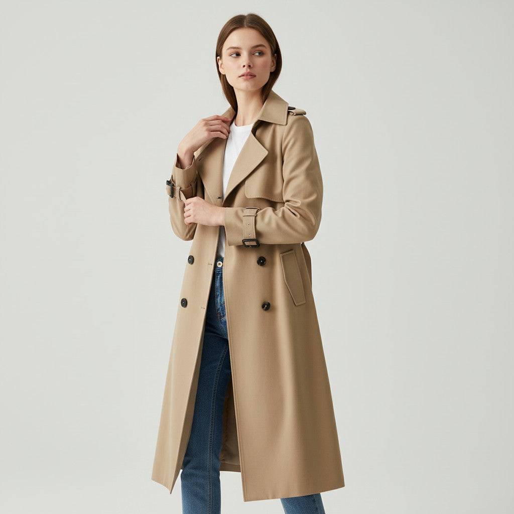 Mid-length trench coat with a wide lapel and a tie belt