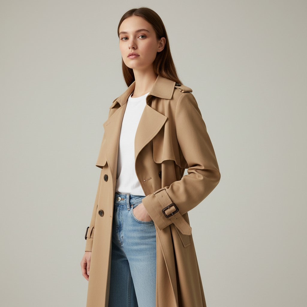 Mid-length trench coat with a wide lapel and a tie belt in brown