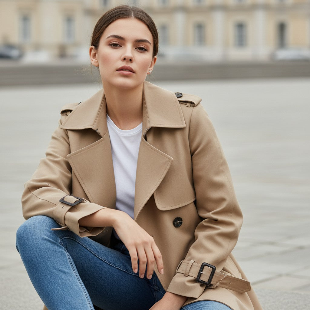 Mid-length trench coat with a wide lapel and a tie belt