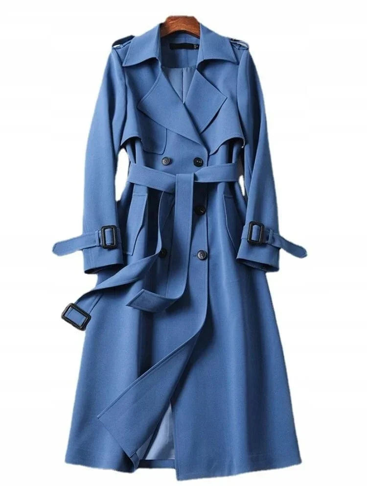 Mid-length trench coat with a wide lapel and a tie belt