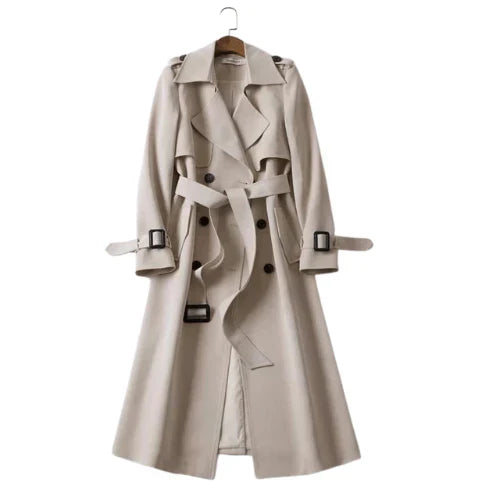 Mid-length trench coat with a wide lapel and a tie belt