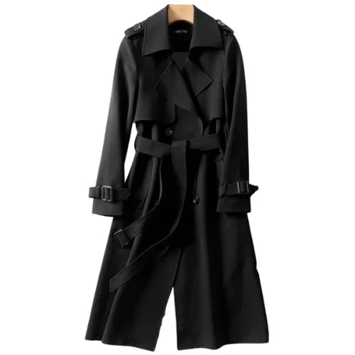 Mid-length trench coat with a wide lapel and a tie belt