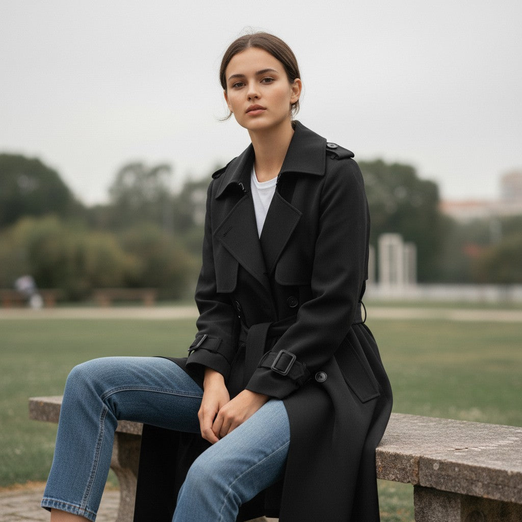 Mid-length trench coat with a wide lapel and a tie belt