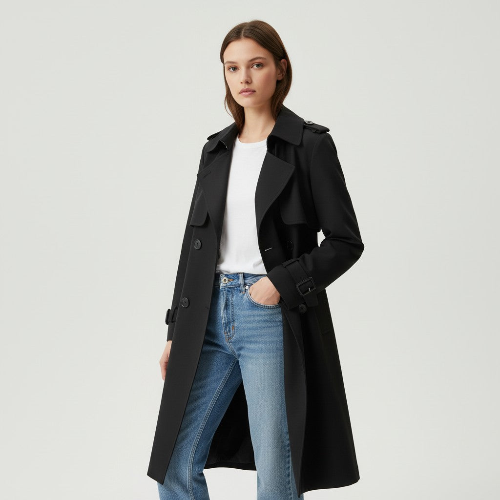 Mid-length trench coat with a wide lapel and a tie belt in black