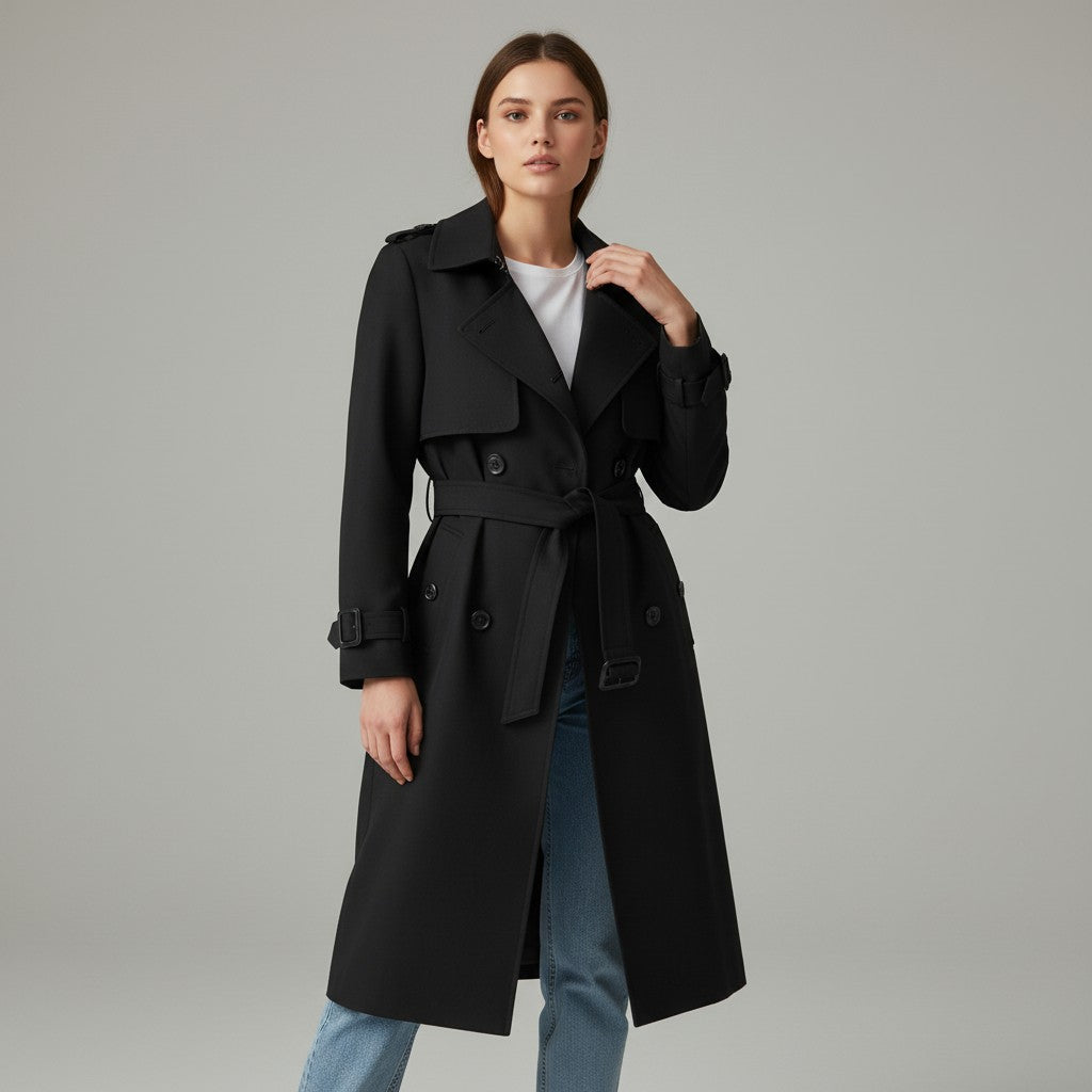 Mid-length trench coat with a wide lapel and a tie belt