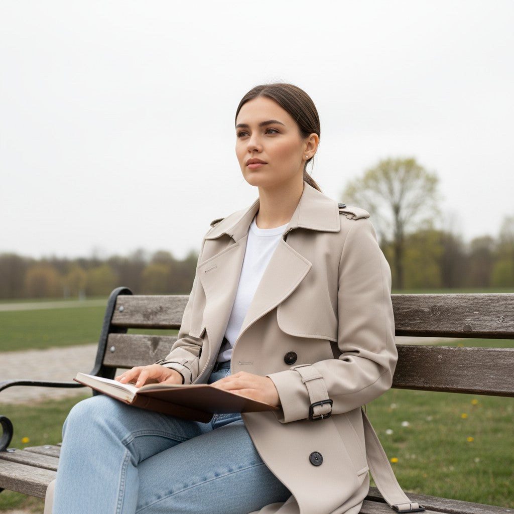 Mid-length trench coat with a wide lapel and a tie belt