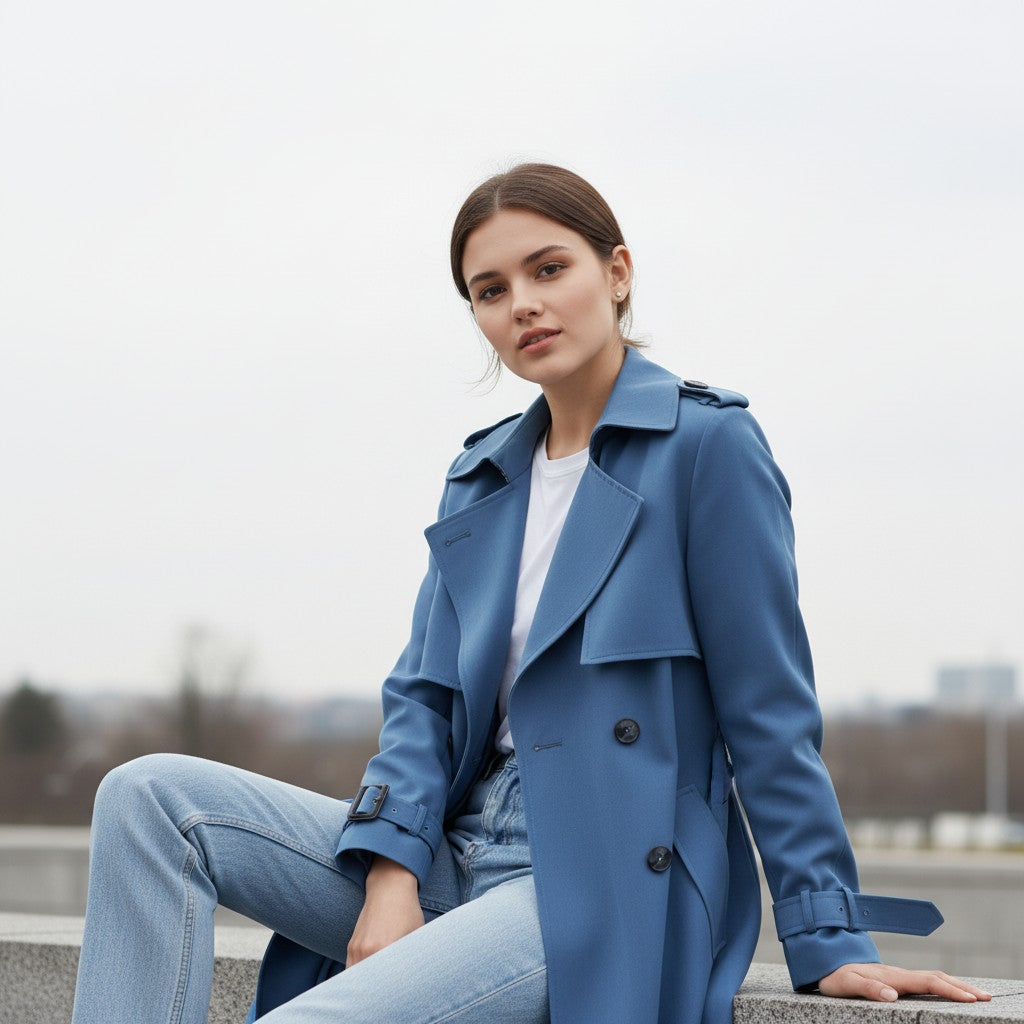 Mid-length trench coat with a wide lapel and a tie belt