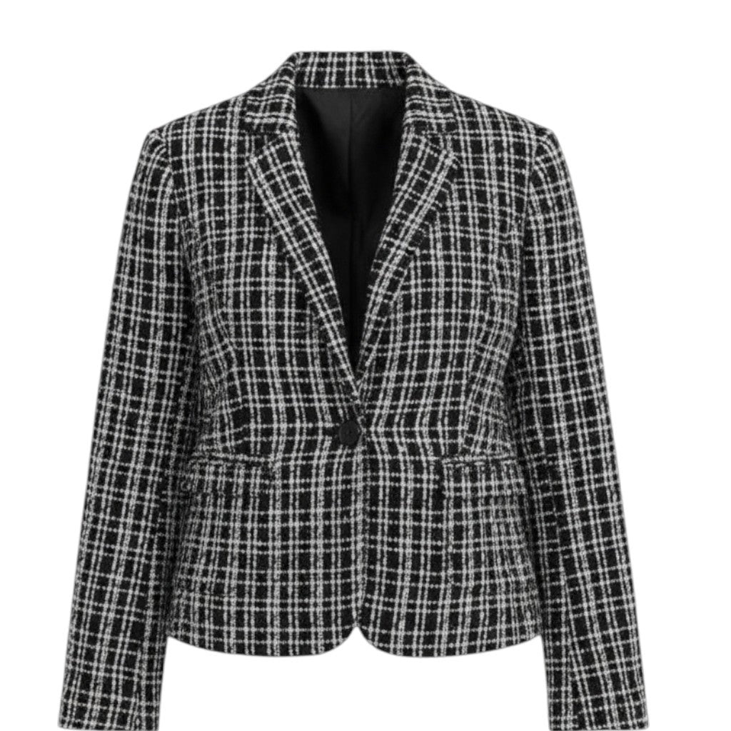 Collarless tweed jacket with a frayed trim, worn open