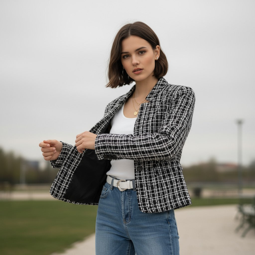 Collarless tweed jacket with a frayed trim, worn open