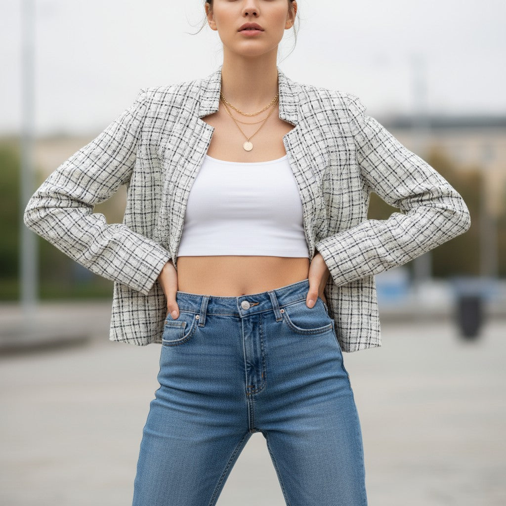 Collarless tweed jacket with a frayed trim, worn open
