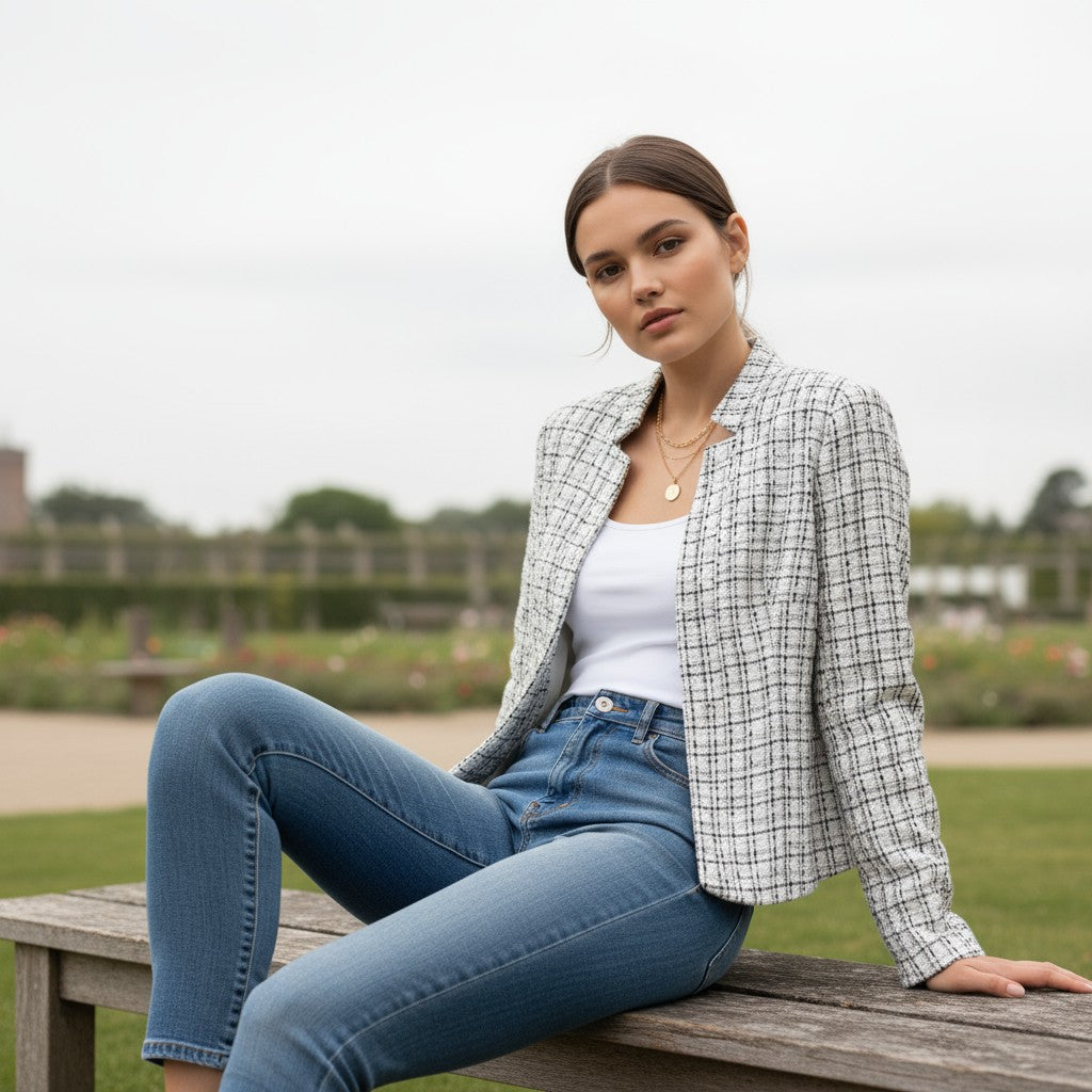 Collarless tweed jacket with a frayed trim, worn open