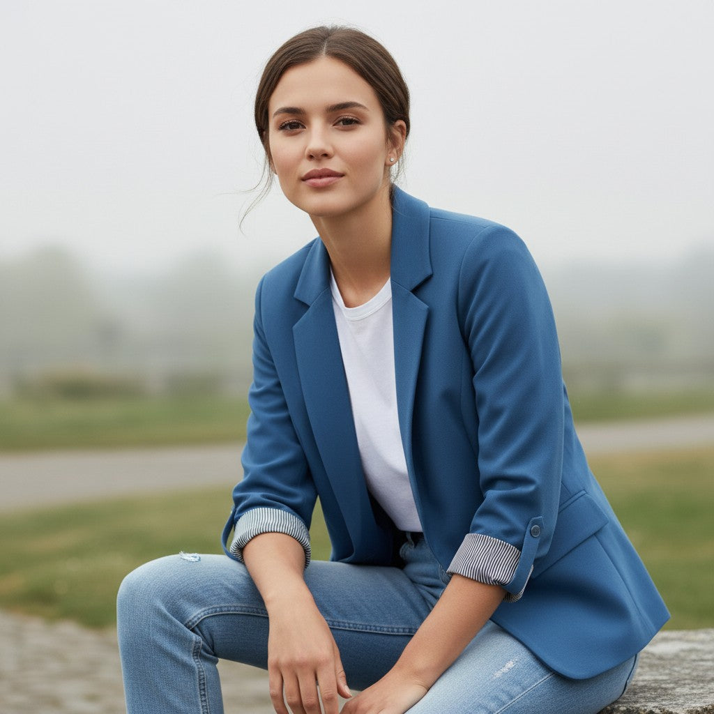 Tailored blazer with a notch lapel and cuffs turned back over a striped lining