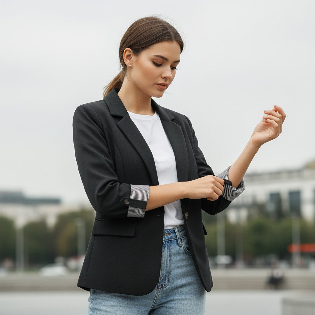 Tailored blazer with a notch lapel and cuffs turned back over a striped lining