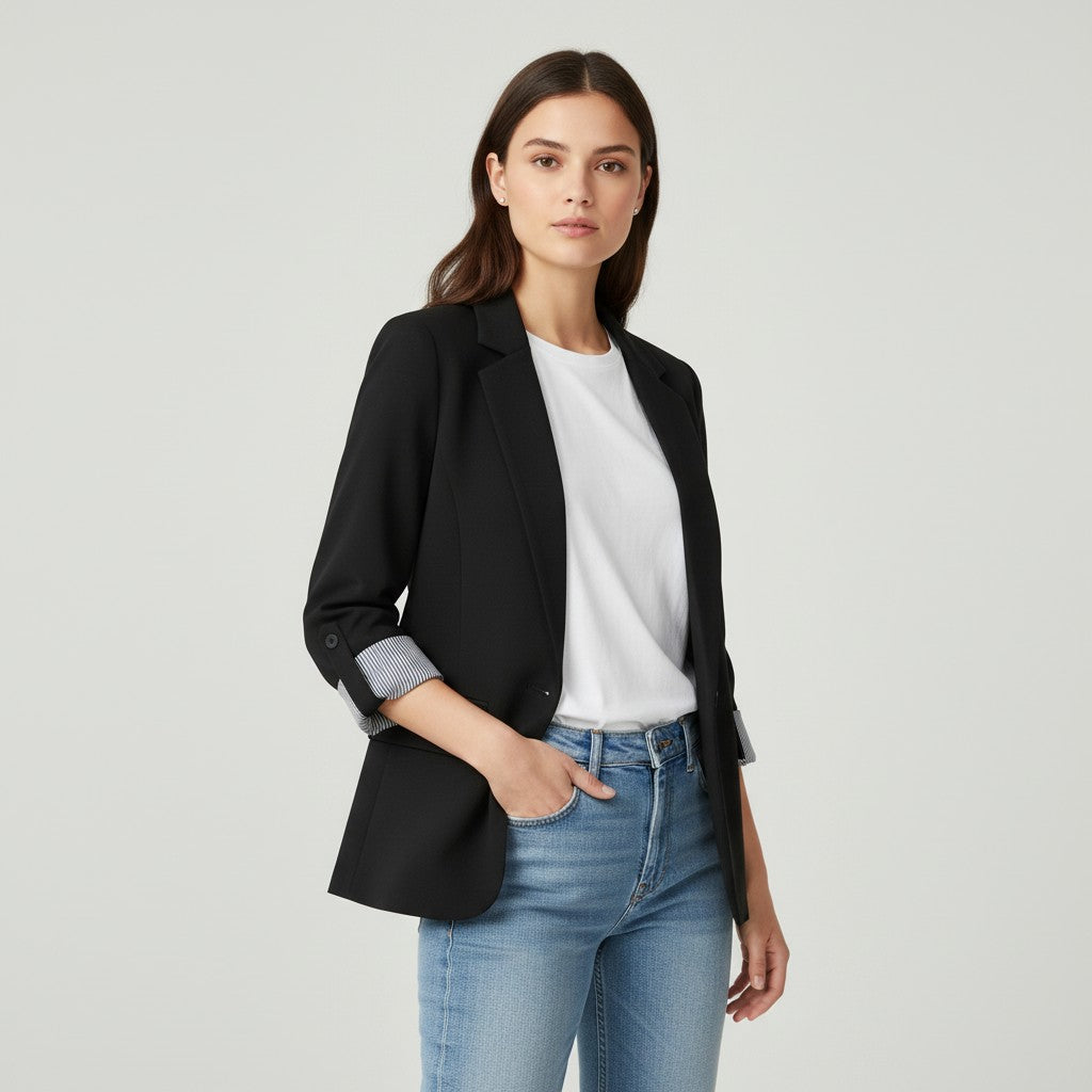 Tailored blazer with a notch lapel and cuffs turned back over a striped lining