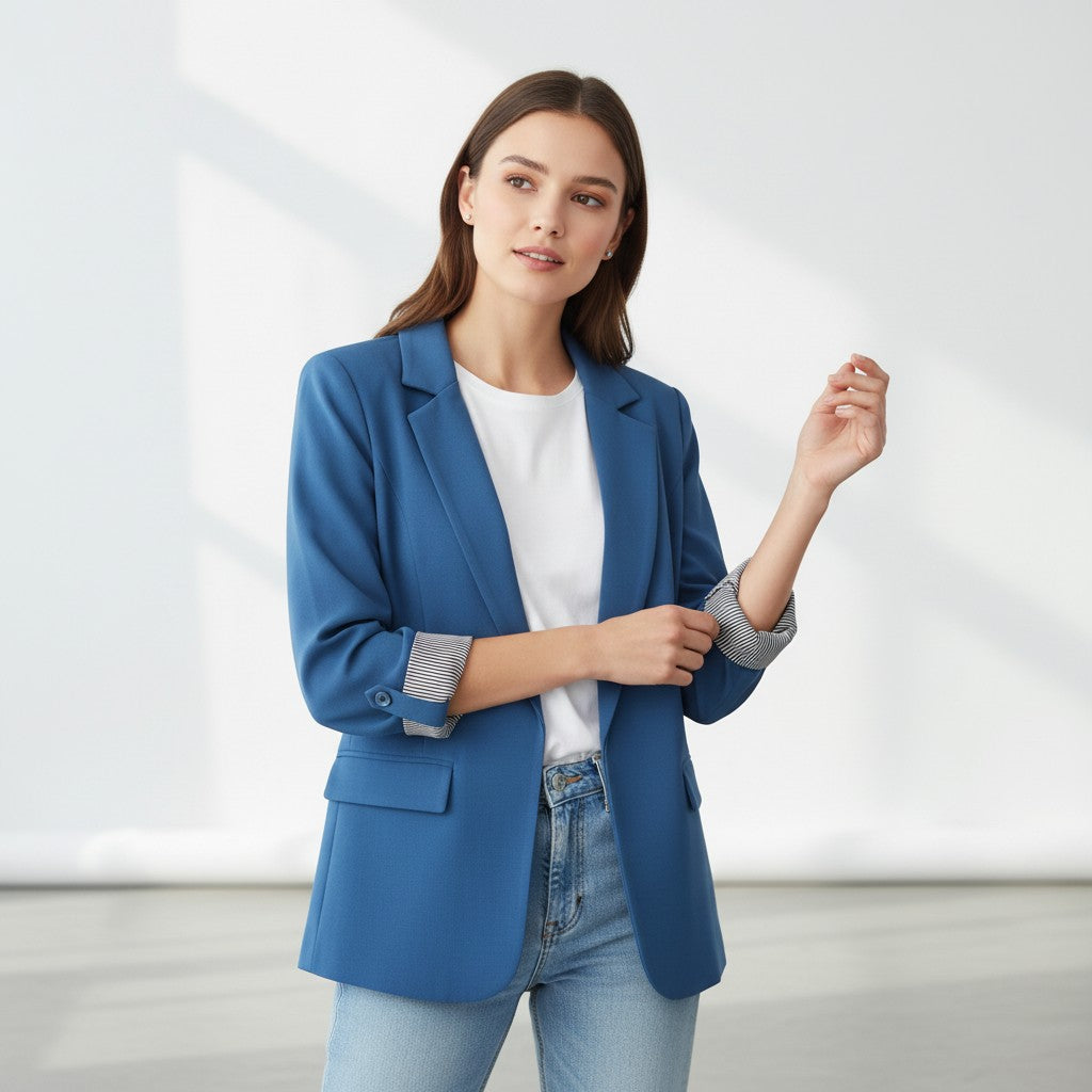 Tailored blazer with a notch lapel and cuffs turned back over a striped lining