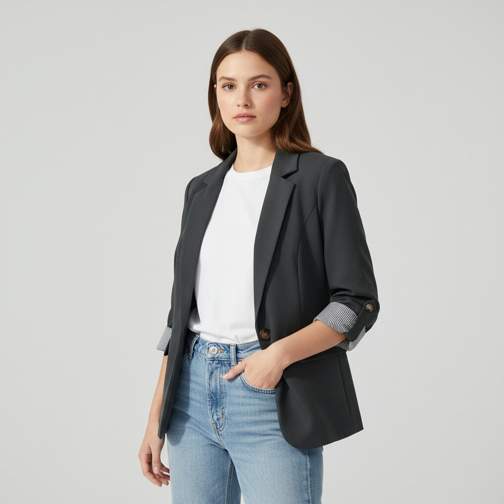 Tailored blazer with a notch lapel and cuffs turned back over a striped lining in charcoal