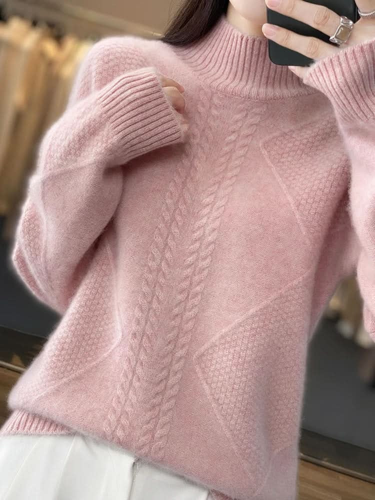 Women's cable knit roll neck jumper with ribbed trims - pink