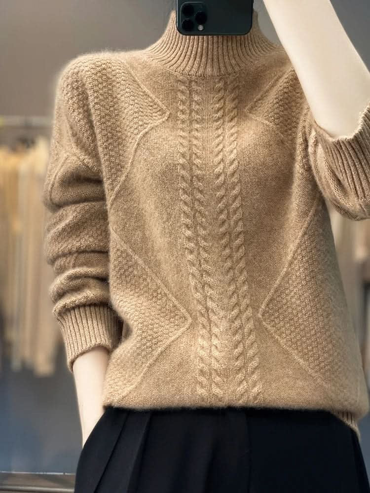 Women's cable knit roll neck jumper with ribbed trims - camel