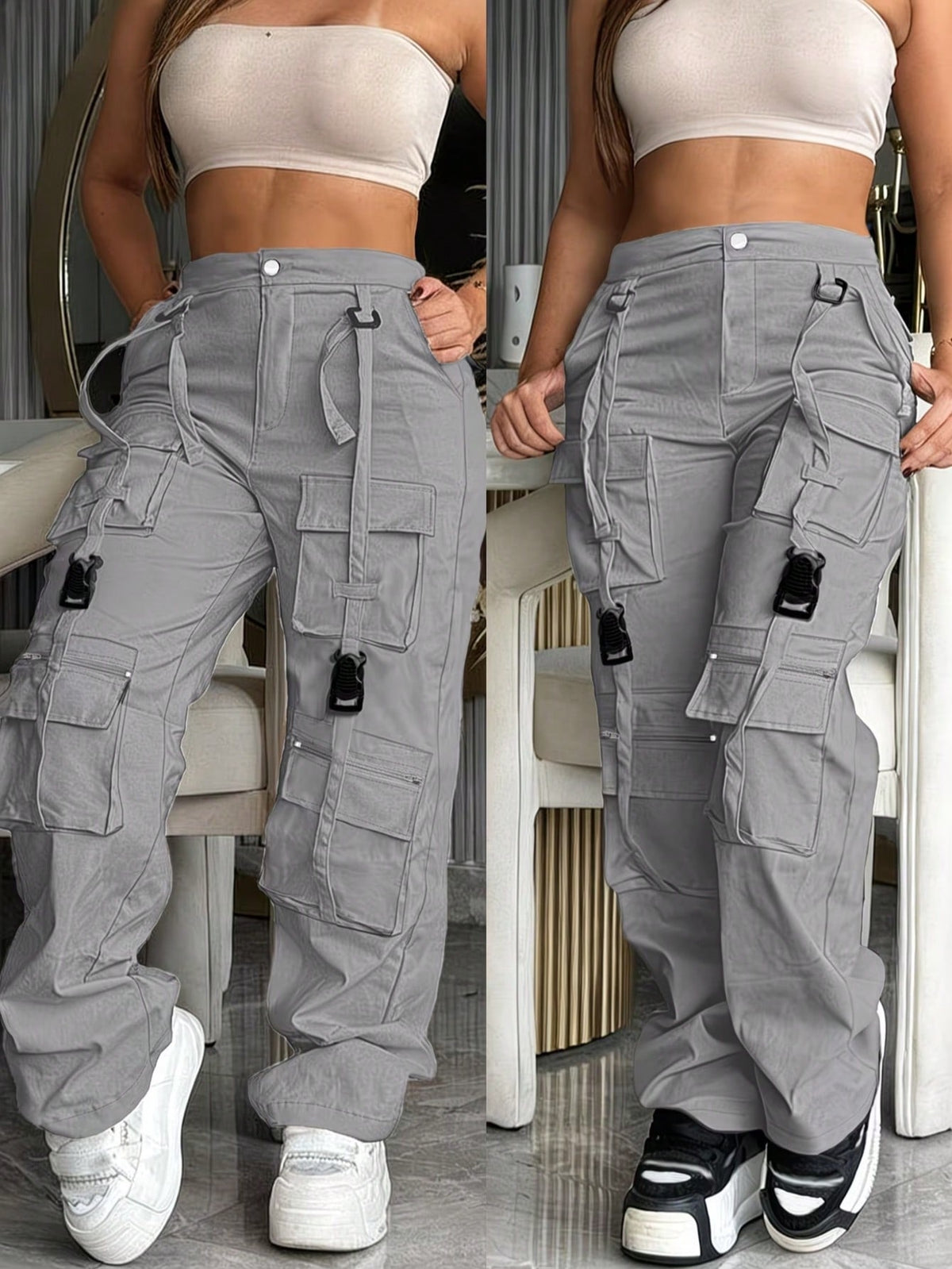 Cargo trousers for women with many pockets, loops and straps on the legs and a straight wide leg - light grey
