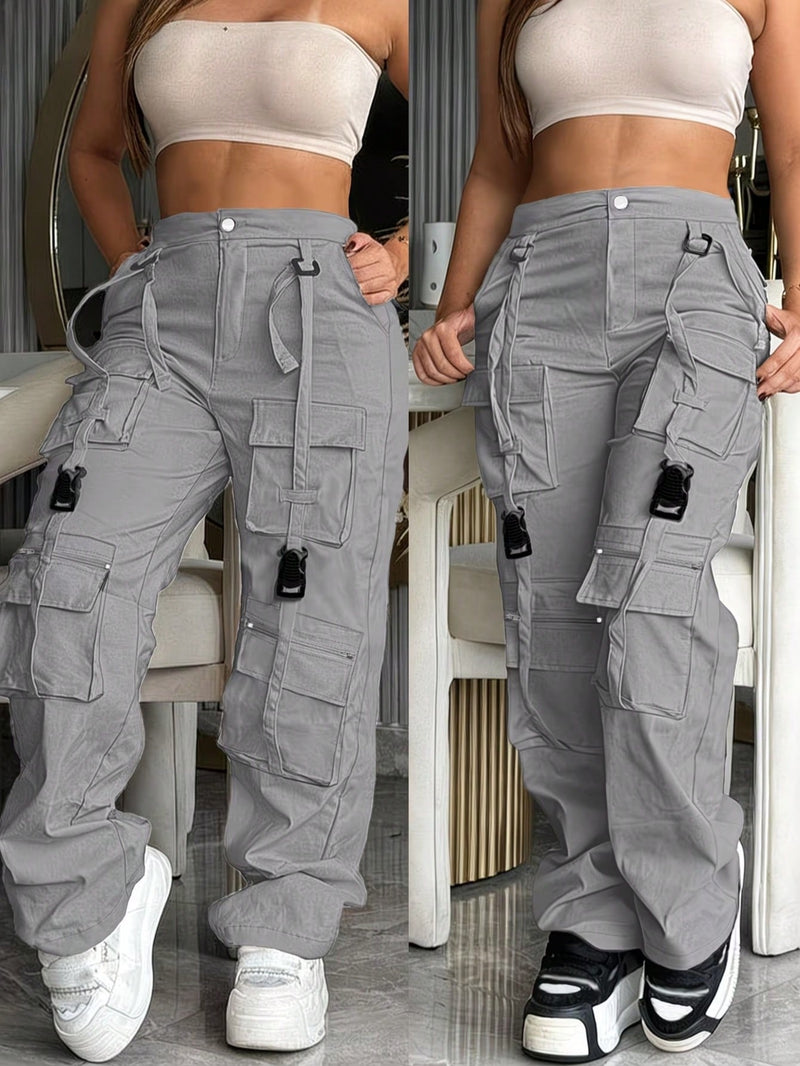 Cargo trousers for women with many pockets, loops and straps on the legs and a straight wide leg - light grey