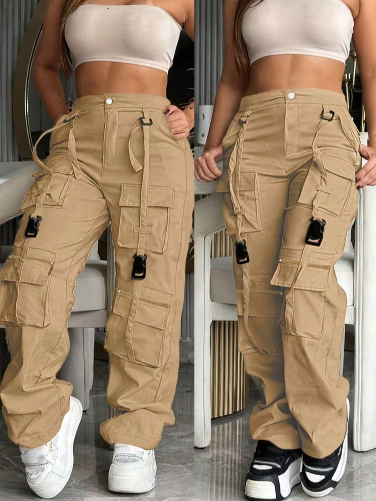 Cargo trousers for women with many pockets, loops and straps on the legs and a straight wide leg - khaki