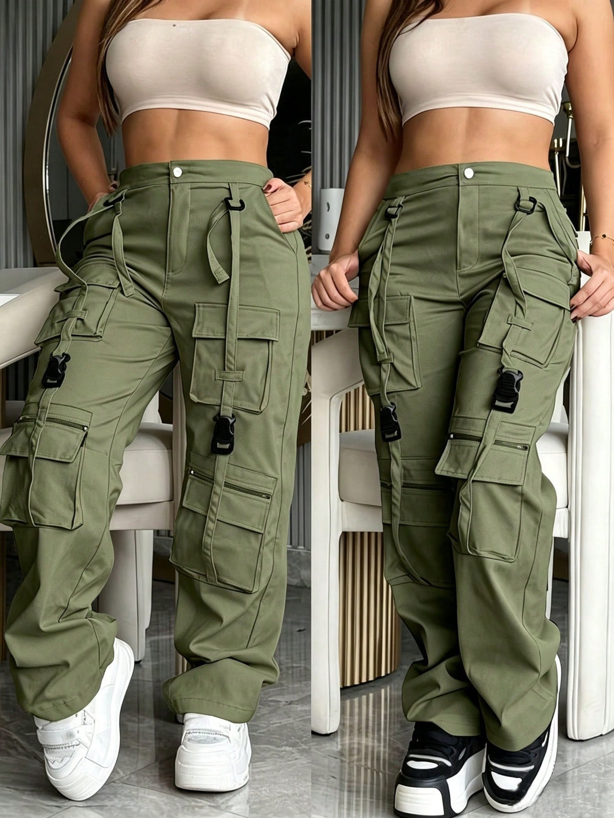 Cargo trousers for women with many pockets, loops and straps on the legs and a straight wide leg - army green