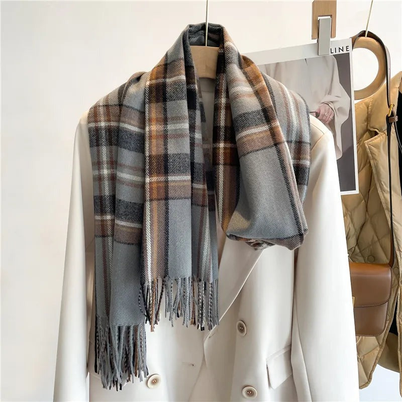 Women's woven checked scarf with fringe at both ends - grey and brown plaid