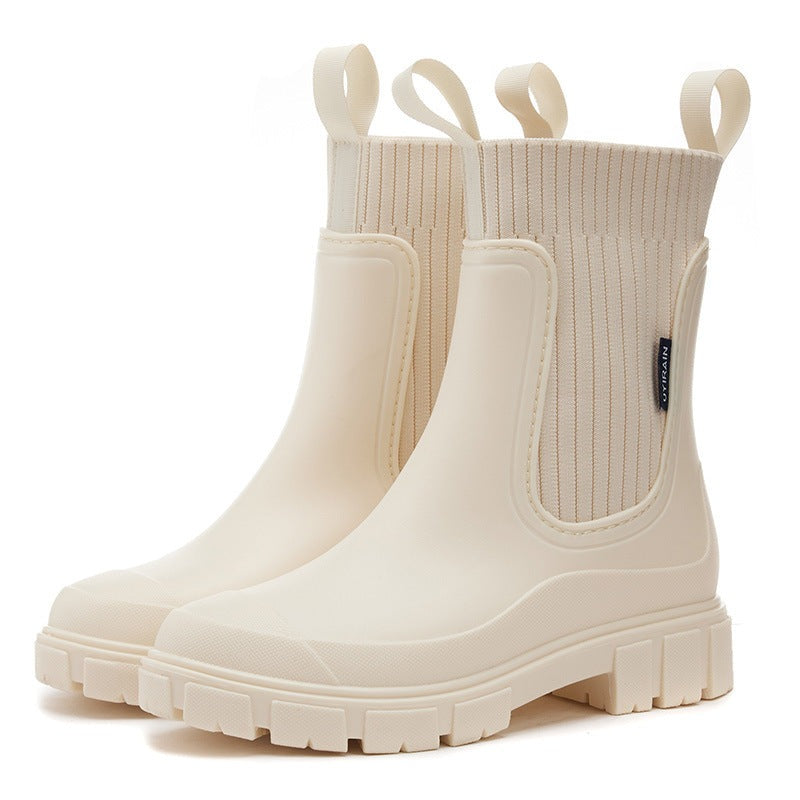 Women's Chelsea rain boots with a ribbed knit collar and lug sole - cream