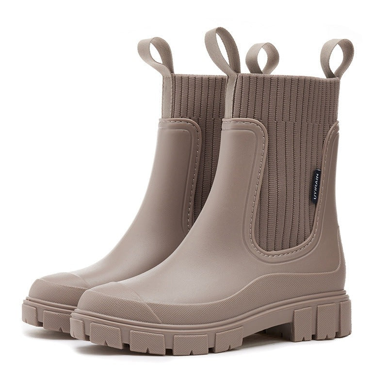 Women's Chelsea rain boots with a ribbed knit collar and lug sole - taupe