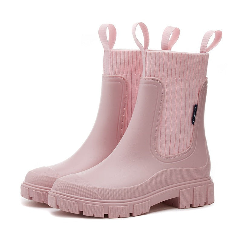 Women's Chelsea rain boots with a ribbed knit collar and lug sole - light pink
