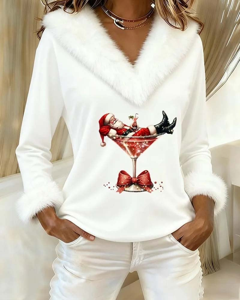Women's Christmas top with a V-neck, fluffy white trim and Santa print - white