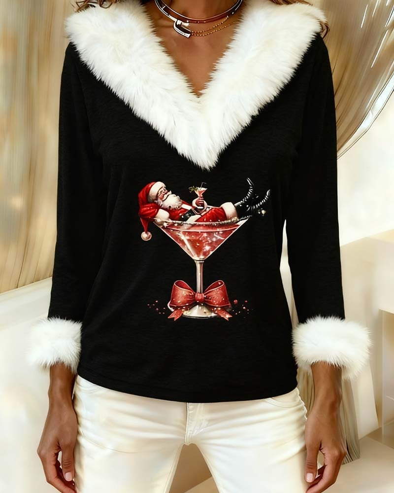 Women's Christmas top with a V-neck, fluffy white trim and Santa print - black