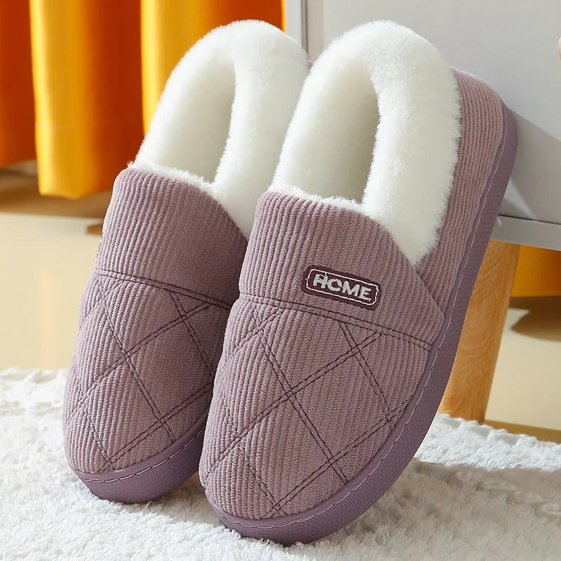 Women's corduroy slippers with quilted diamond stitch, plush cuff and closed back - mauve