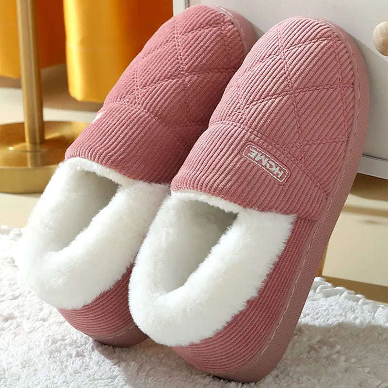 Women's corduroy slippers with quilted diamond stitch, plush cuff and closed back - view 3