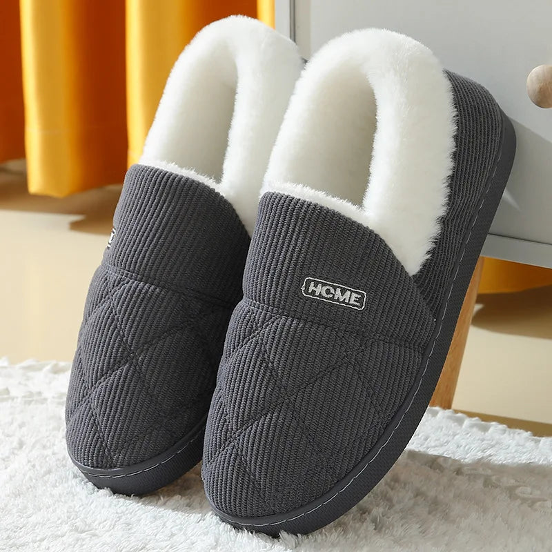 Women's corduroy slippers with quilted diamond stitch, plush cuff and closed back - dark grey