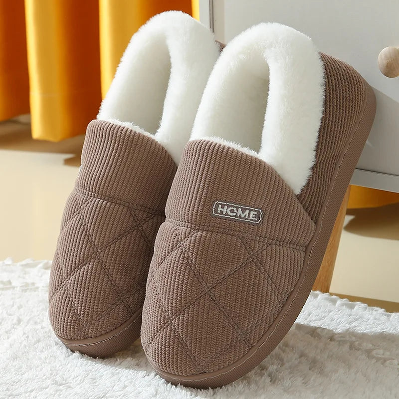 Women's corduroy slippers with quilted diamond stitch, plush cuff and closed back - brown
