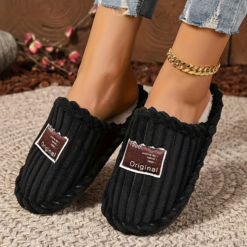 Corduroy slippers for women with plush lining, open heel and a dark woven label on the toe - view 6